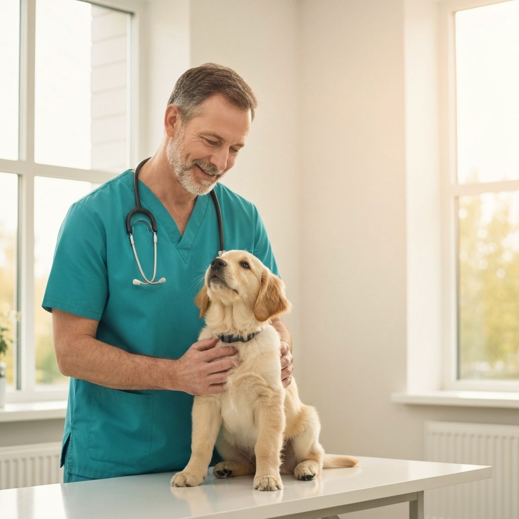 Medic veterinar consultand un catelus intr-o clinica moderna